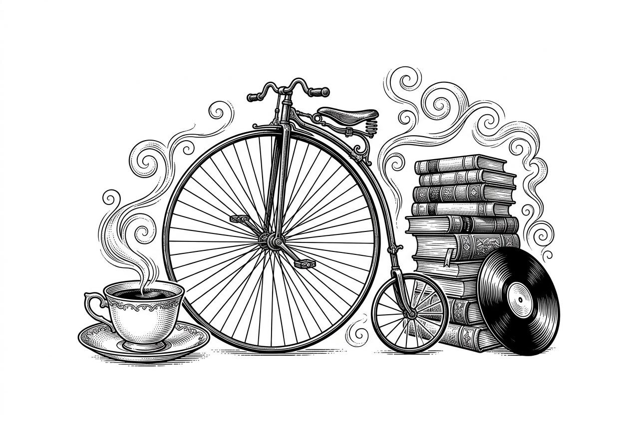 An engraving of a penny farthing bicycle beside a steaming coffee cup, a stack of old books and a vinyl record